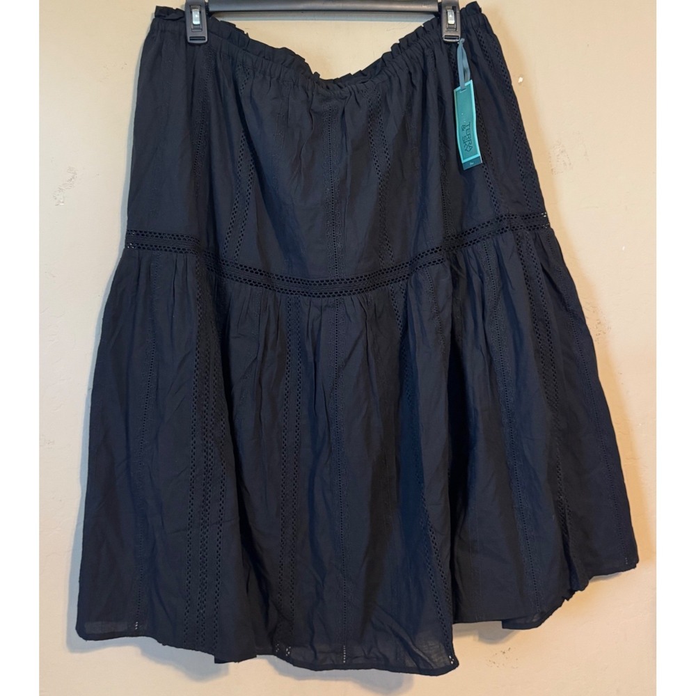 Terra & Sky Midi Skirt Women 1X Black Eyelet Embroidered Boho Cottagecore NEW